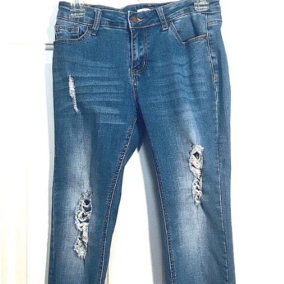 Encore Jeans Size 5 Women’s Juniors Distressed Destroyed Medium Wash Blue Skinny - Picture 2 of 15